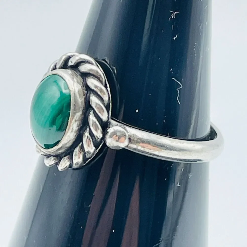 Sterling Silver Rope Bezel Ring FAS 925 US Size 6 Green Cabochon Malachite Look